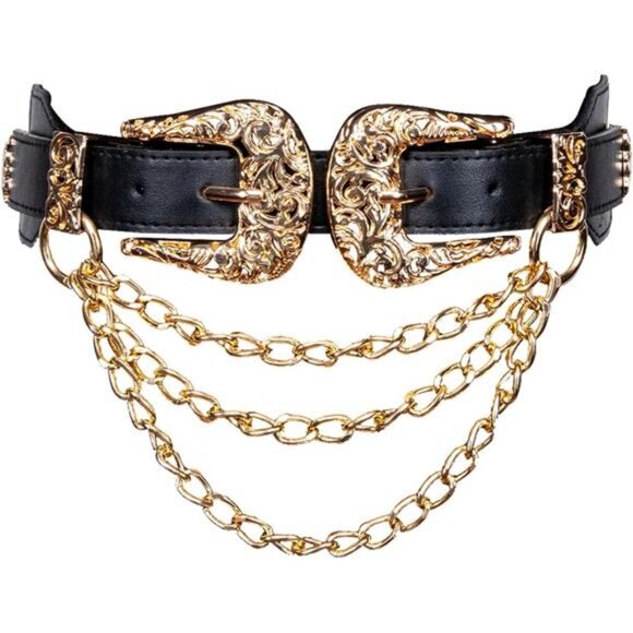 Double Buckle Western Leather Belt – Elastic Waist Floral Carved Belt for Women - Picture 2 of 6